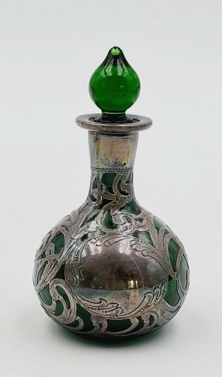 Bohemian Czech Green Glass & Sterling Silver Overlay Perfume Bottle W/stopper 1