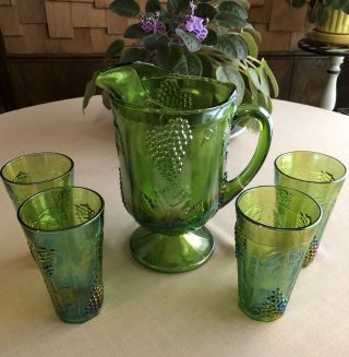 Vintage Indiana Carnival Glass Iridescent Lime Green Pitcher And Tumbler Set 5pc