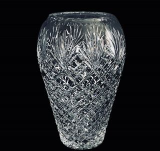 Vintage Cut Lead Crystal Vase Diamond & Fan Heavy Clear Waterford Style 11.  5”h