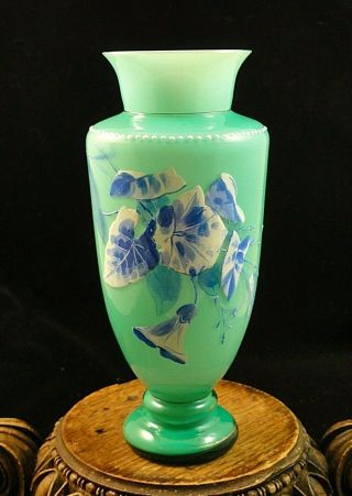 Antique Bohemian Victorian Harrach Green Uv,  Enamel Morning Glory Art Glass Vase