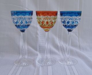 3 Bohemian Cut To Clear Crystal Wine Glasses Goblets Blue Amber