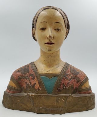 1900s Antique Italian Hand Painted Plaster Bust Medici Maria Strozzi Renaissance