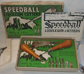 Vintage Speedball Linoleum Cutter Set Complete With Wood Handles