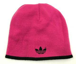 Vintage Adidas Beanie Hat Cap Womens One Size Fitted Black Pink Knit Reversible