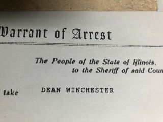 SUPERNATURAL - TV SERIES - DEAN WINCHESTER ARREST WARRANT - wanted Chicago,  Illinois 2
