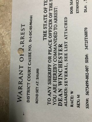 SUPERNATURAL - TV SERIES - DEAN WINCHESTER ARREST WARRANT - WANTED - STATE OF TEXAS 2