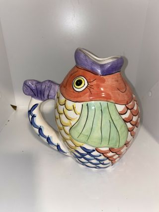 Wcl Vintage Koi Fish Water Pitcher 9 " Multi Color Fish