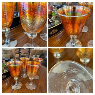 4 Rick Strini Gold Swirl Iridescent Hand Crafted Art Glass Wine Water Goblets