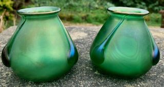 Antique Art Nouveau " Loetz " Iridescent Green Glass Vases Bohemian Vase