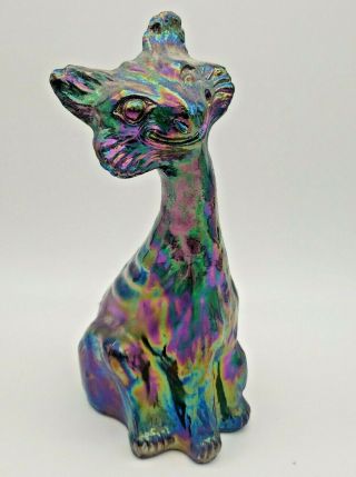 Fenton 11 " Winking Alley Cat Amethyst Iridescent Carnival Glass Figure