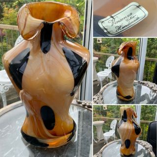 Vincenzo Hand Blown Amber Art Glass Bust Vase Leopard Murano 10” Sommerso Label
