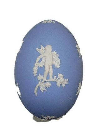 Wedgewood Blue Jasperware Egg Shape Trinket Box Cherub 3” Jewelry