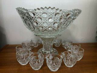 Vintage Le Smith Glass Footed Huge Punch Bowl & 11 Cup Set,  12 " Tall,  17 " Dia