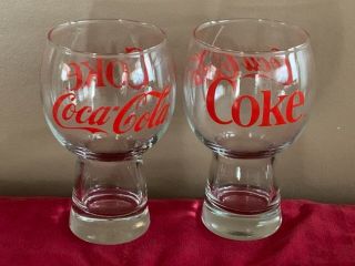 Set Of 2 Vintage Coke Coca - Cola Goblet Style Glass With Raised Red Lettering
