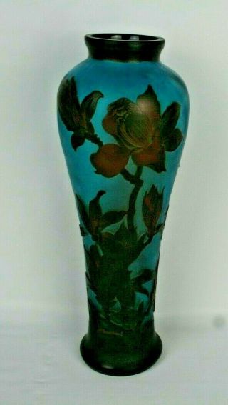 Emile Galle Signed 14 " Vase Art Nouveau Blue Cameo Glass Acid Etched Embossed