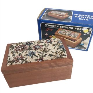 Wooden Sewing Box With Pin Cushion 1984 Justen Saravel Floral Vintage 21365b