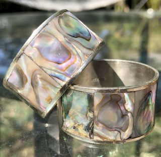 Vintage Abalone Sea Shell Mother Of Pearl Napkin Ring Set 2 Silver? Mexico Euc