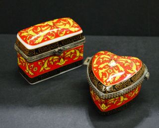 Vintage Miniature Porcelain Chest And Heart Set,  Trinket Boxes