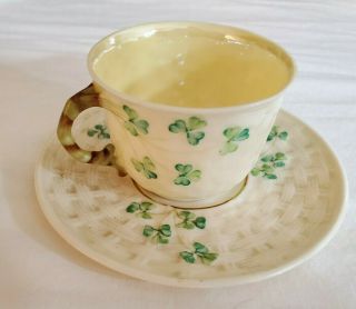 Belleek Vintage Irish Tea Cup And Saucer Shamrock Porcelain Embossed Fleabite