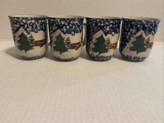 4 Tienshan Folk Craft Cabin In The Snow Coffee Cups Mugs With Red Dot Spongeware