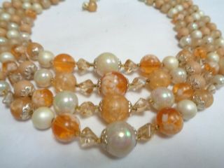 Vintage Japan Multi 4 Strand Orange White Pearl & Faux Art Glass Beaded Necklace