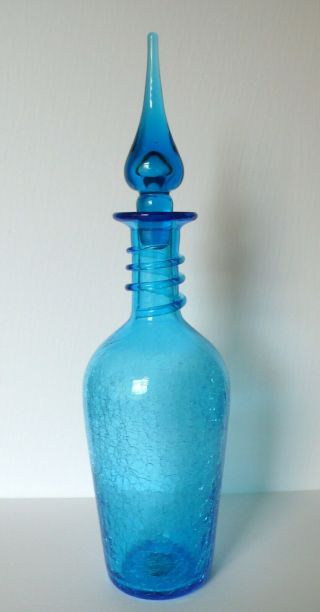 Mid - Century Modern Aqua Blue Blenko Art Glass Crackle Decanter Teardrop Stopper
