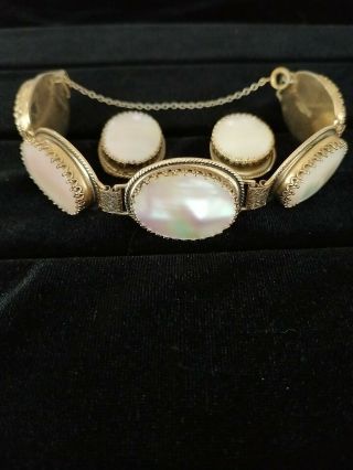 Vintage Signed Whiting And Davis Bracelet Earrings Mother Of Pearl Steampunk