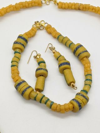 Vintage Artisan Clay? Bead Yellow Blue Necklace Bracelet Earring Set 3