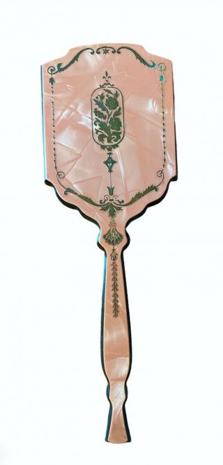Vintage Celluloid Bakelite Amber Pink Art Deco Embossed Hand Held Vanity Mirror