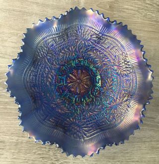 Northwood Iridescent Electric Blue Embroidered Mums Carnival Glass Ruffled Bowl