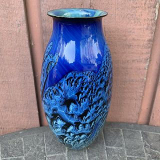 Josh Simpson Art Glass Signed Vase,  Pristine Blue Mexico Style 9”