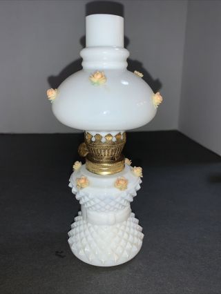 Vintage Miniature Milk Glass Oil Lamp With Applied Peach Roses Mini