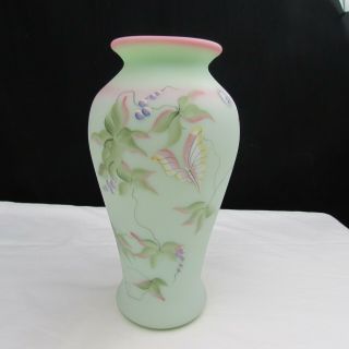 Fenton Lotus Mist Burmese Berry And Butterfly Hand Painted Vase 2000 C1313