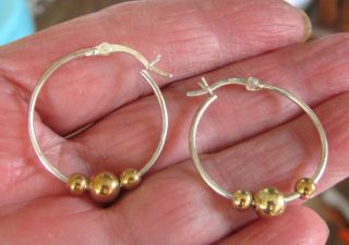 Vintage Sterling Silver With Gold Vermeil Ball Beads Hinged Lever Hoop Earrings