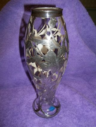 1930 Steuben Etched Sterling Silver Overlay 8.  5” Vase Art Nouveau Art Glass