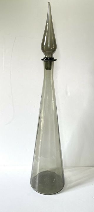 28” Empoli Glass Genie Bottle/decanter “made In Italy” W/stopper Smoky Grey Mcm