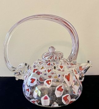 Paul Allen Counts Signed Red & White Heart Shape Millefiori Art Glass Teapot