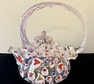 Paul Allen Counts Signed Red & White Heart Shape Millefiori Art Glass Teapot 3