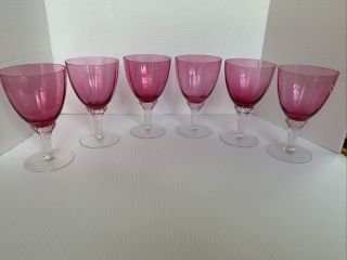 (6) George Borgfeldt Lisa Cranberry Optic Water Goblets C.  1950 Stunning