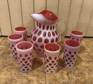 Fenton Cranberry Opalescent Coin Dot Pitcher With 6 Glasses