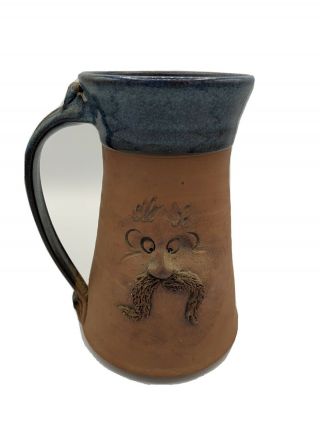 Ugly Face Mug W/ Mustache Handmade Pottery Signed Clement Clayworks 6 "