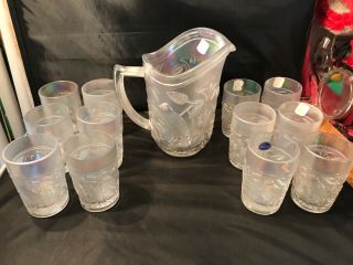Mid - Century Modern Imperial White Carnival Glass Robin Bird Pitcher 12 Tumblers