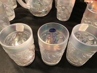 MID - CENTURY MODERN IMPERIAL WHITE CARNIVAL GLASS ROBIN BIRD PITCHER 12 TUMBLERS 3