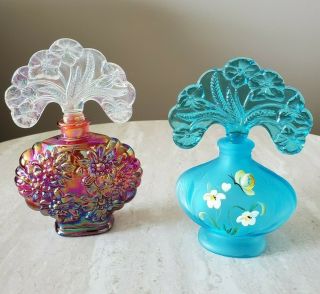 Fenton Set Of 2 Glass Perfume Bottles Ruby Carnival And Turquoise