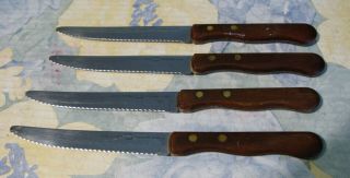 Vintage Set Of Four (4) Ekco Eterna Stainless Steak Knives,  Wood Handles - Euc