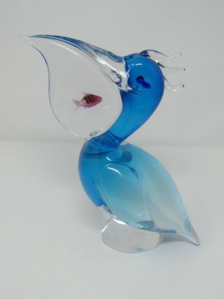 Oggetti Art Glass Elio Raffaeli Murano Italy Pelican With Fish In Pouch Signed