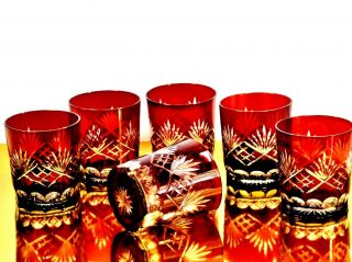 Outstanding Crystal Ruby Red To Clear Hand Cut Whisky Glasses Set Of 6