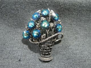 Vintage Green & Bluish Glass Flowers Silvertone Metal Basket & Leaves Pin