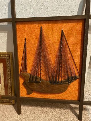 Vintage Mid Century 3d String Art Boat Clipper Ship Wall Decor Picture