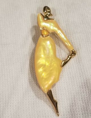Vintage Park Lane Dancing Woman Brooch Pin Pearl Yellow Enamel Art Deco Signed